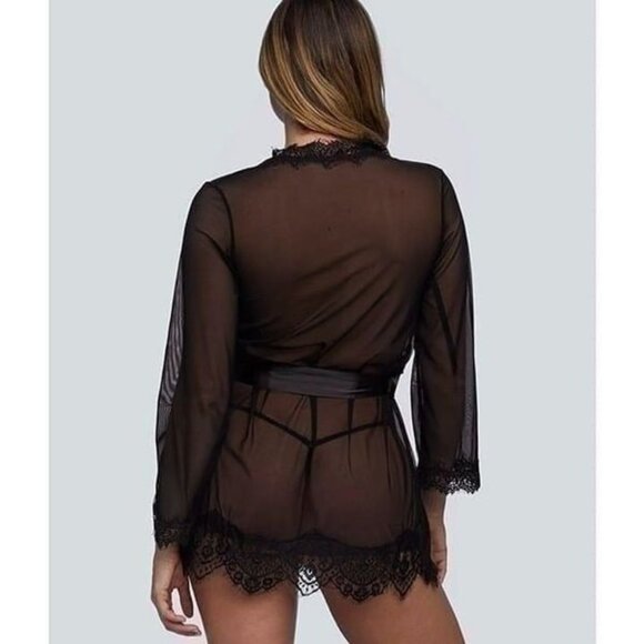 Oh La La Cheri Black Eyelash Lace Robe Set Belted Tie Lingerie - Picture 3 of 11